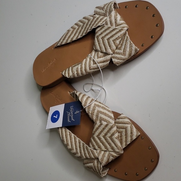 WOMEN'S Tan Stripe Woven Fabric Studded Bottom Sandals Universal Thread - Picture 2 of 7